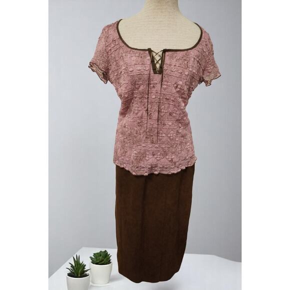 Dressbarn Pink Lace Peasant Top & Brown Midi Skirt Set XL Romantic Y2K Boho - Picture 4 of 14